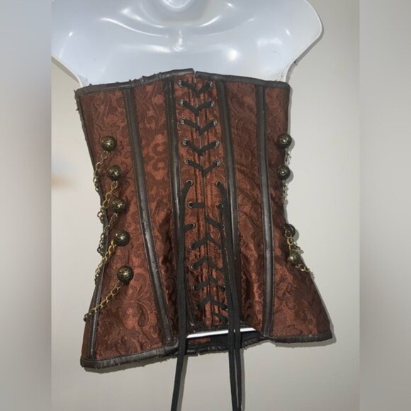 Mahogany Damask Steampunk Over-Bust Corset Top w/ Gold Accents Sz S/M - Picture 13 of 16